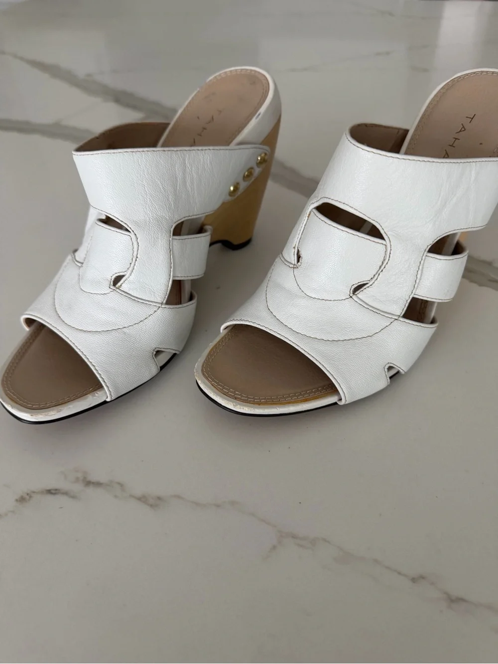 Elie Tahari White Leather Cutout Wedge Mules with Wood-Tone Heel